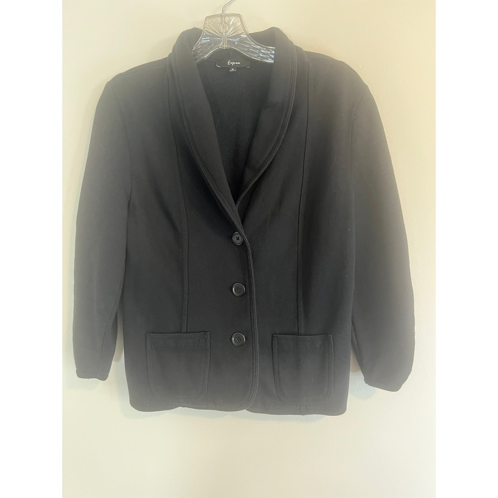 Express Women Black Fleece Knit‎ Blazer Jacket Shawl Collar Ruched Sleeve Size M